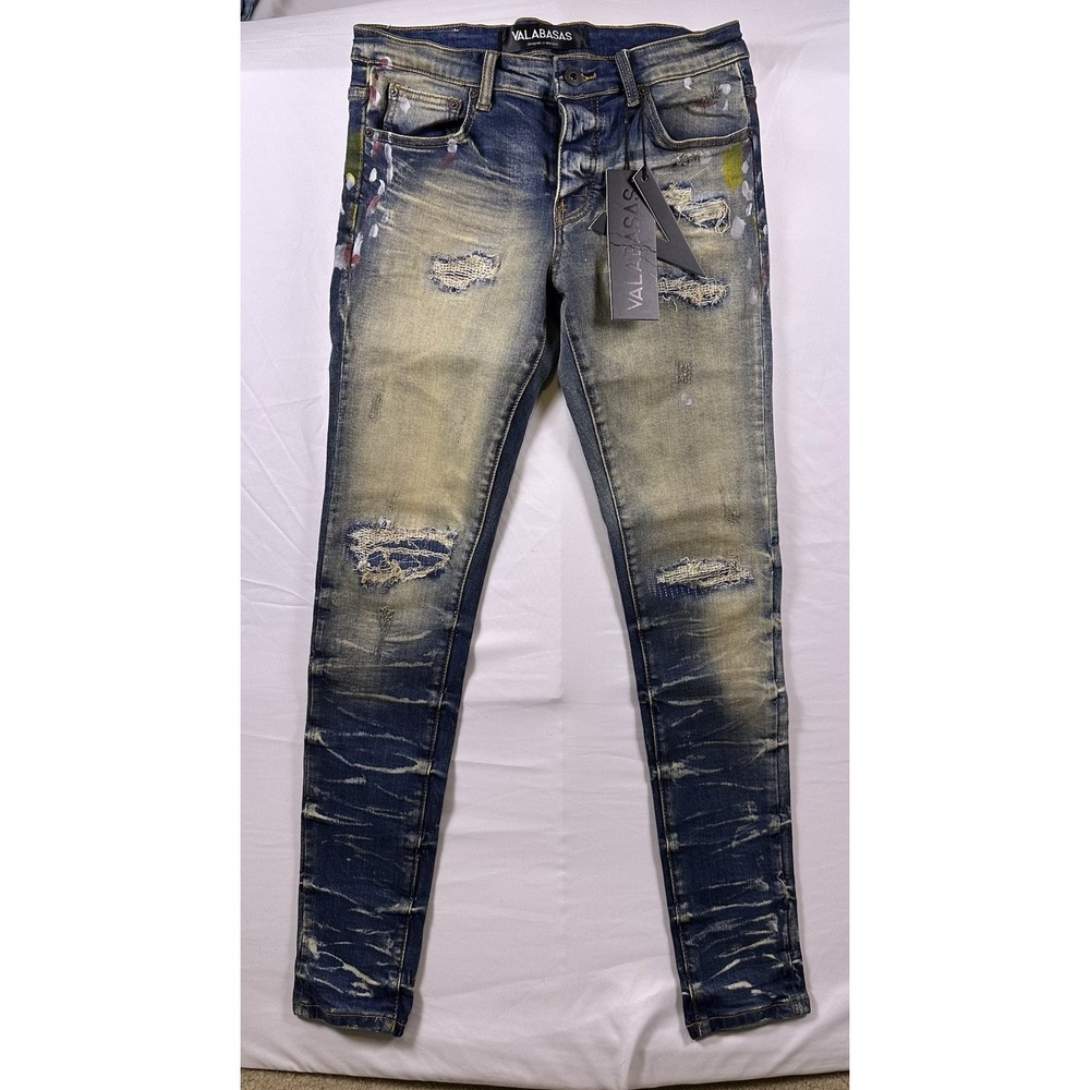Valabasas Men's Jeans 29 (Fit 31x32) NWT Dark Wash Distressed Stretch Button Fly